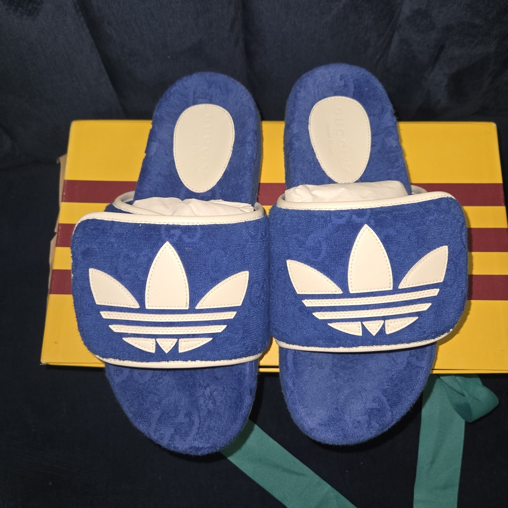Gucci X Adidas Blue and White Slides